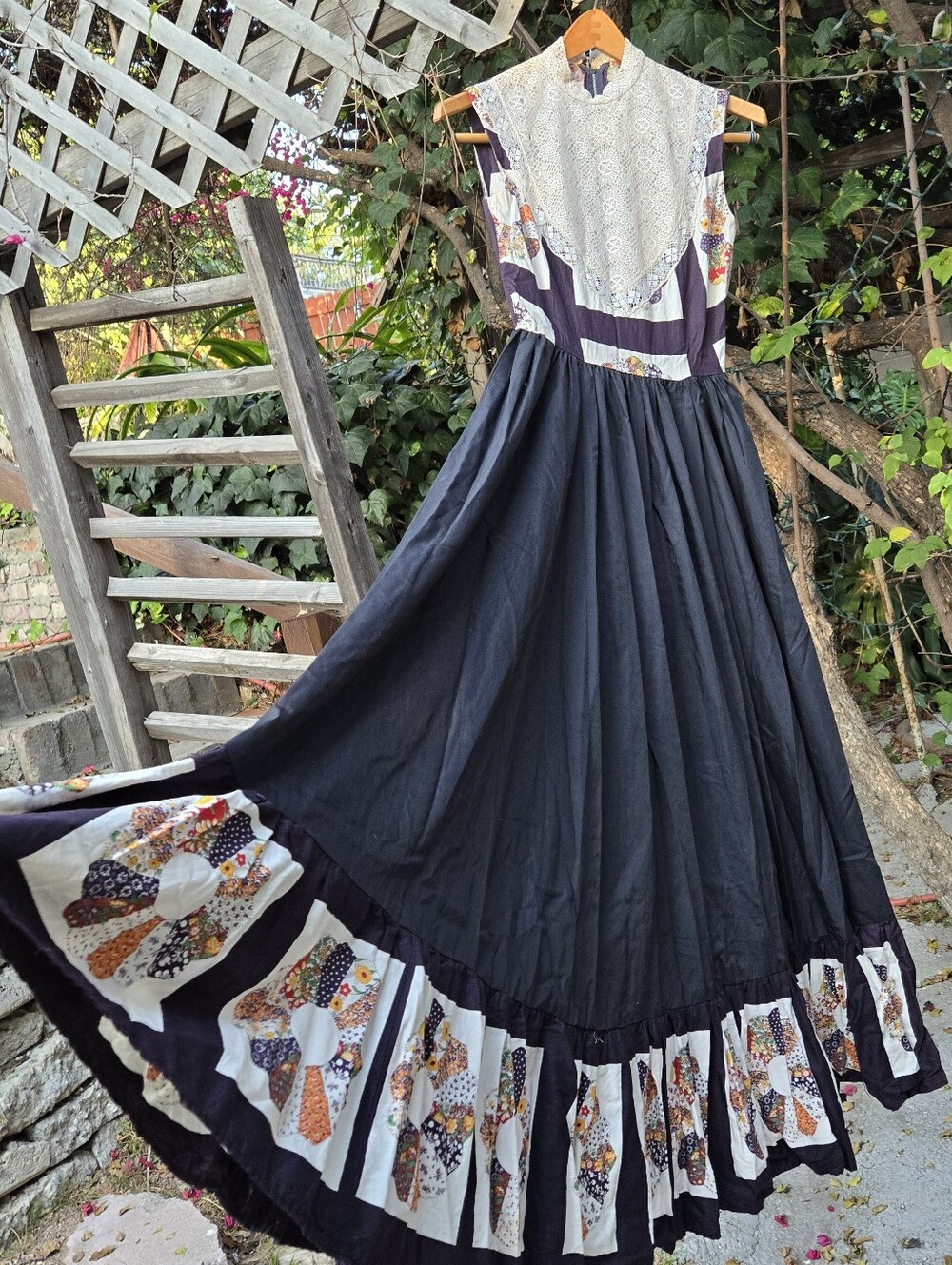 Vintage 70s Patchwork Quilt Print Dress Handmade xs s